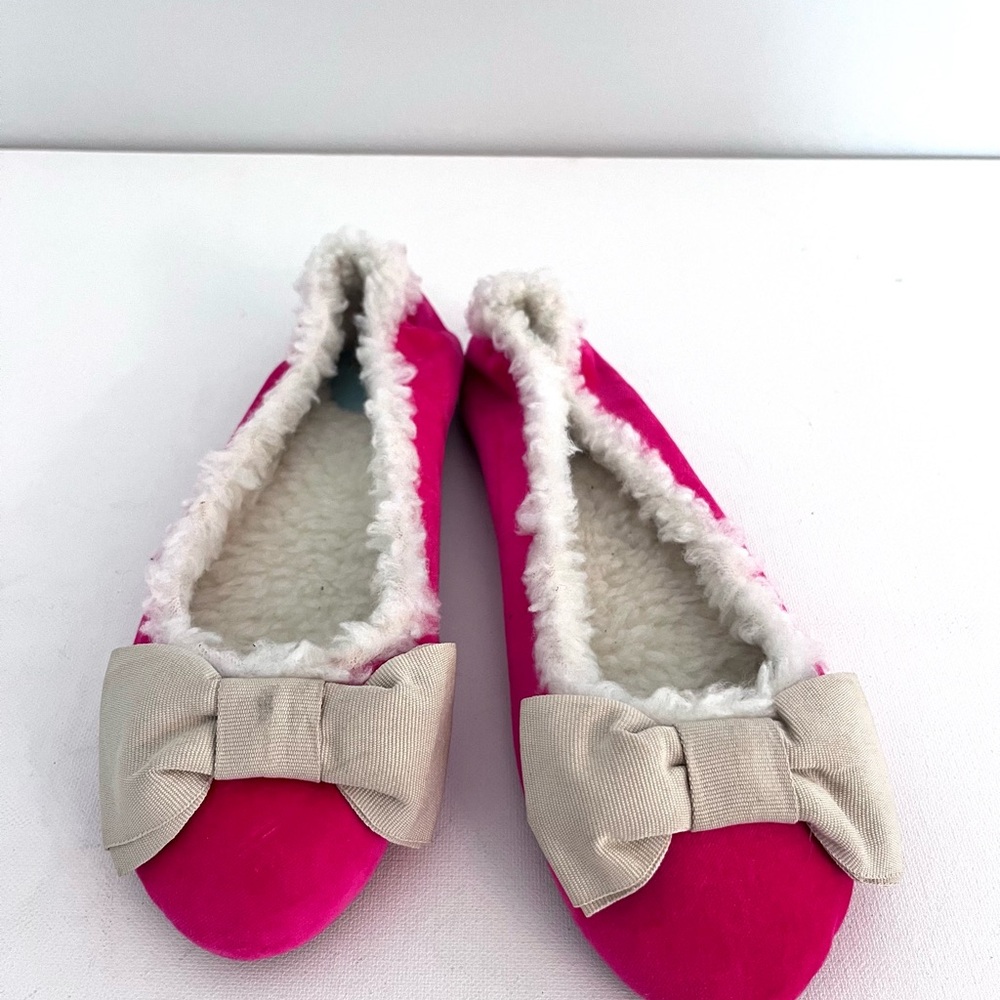 Frances Valentine Pink Velvet Slippers with Oyster Bow